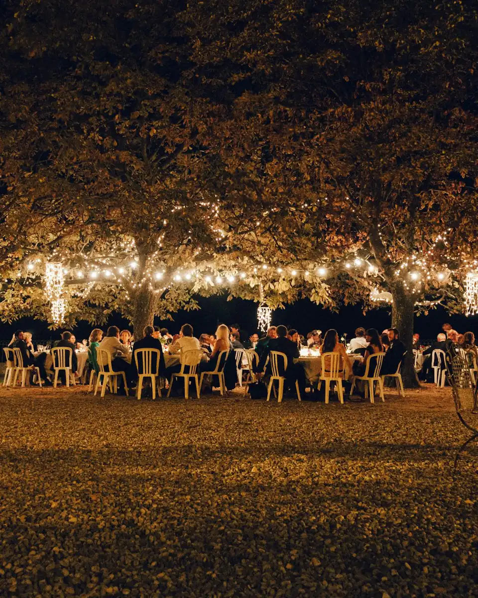 Cena en el jardín bajo los árboles con guirnaldas de luces