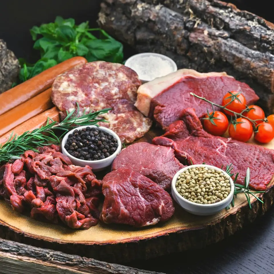 Tabla de madera con cortes crudos, chorizos y especias